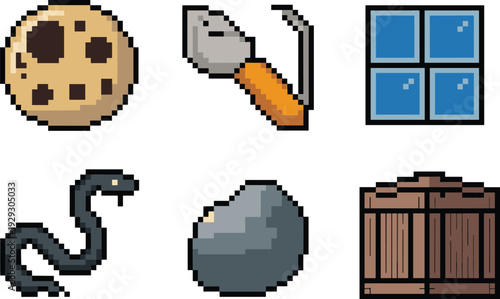 Retro pixel art burglary and crime icon set, thief tools and house elements isolated on light background