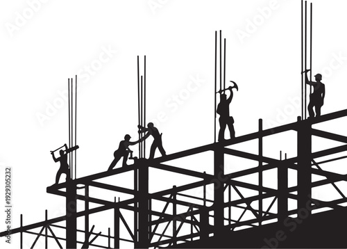 Black silhouettes of construction workers on scaffolding