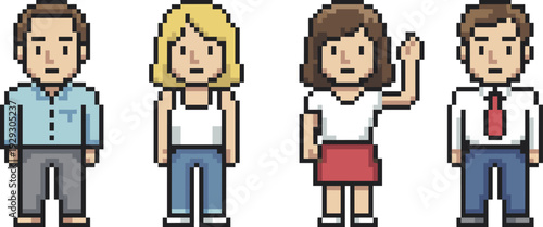 Full body pixel art characters set, retro 8bit people sprites collection, colorful game avatars for indie design