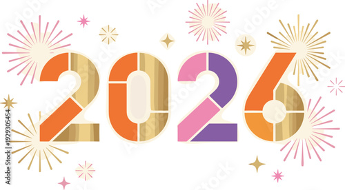 Happy New Year 2026 festive vector graphic featuring colorful abstract number design with pink and gold firework bursts, stars, and celebratory sparkler elements for greeting cards.