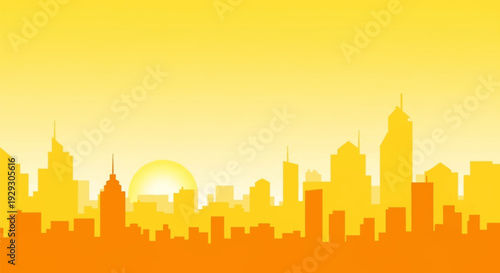 City Skyline Silhouette Against Yellow Sky.