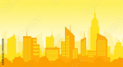 City Skyline Silhouette Against Yellow Background.