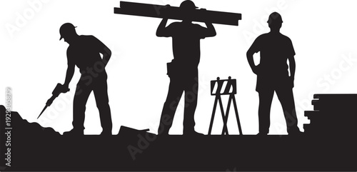 Black silhouettes of three construction workers on a building site