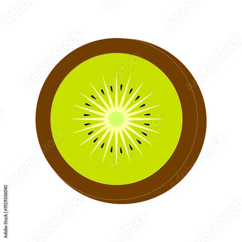 Detailed graphic illustration of a fresh, circular kiwi fruit slice, showcasing its vibrant green pulp and small black seeds against a clean, white background.