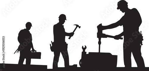 Black silhouettes of three construction workers with tools on white background