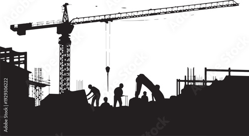 Construction site silhouette with crane and workers