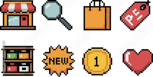 Pixel art shopping icons set, retro 8bit ecommerce symbols collection for online store app interface design elements