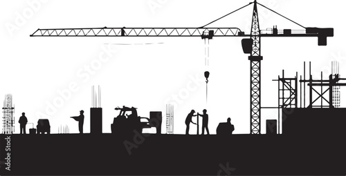 Construction site silhouette with crane and workers