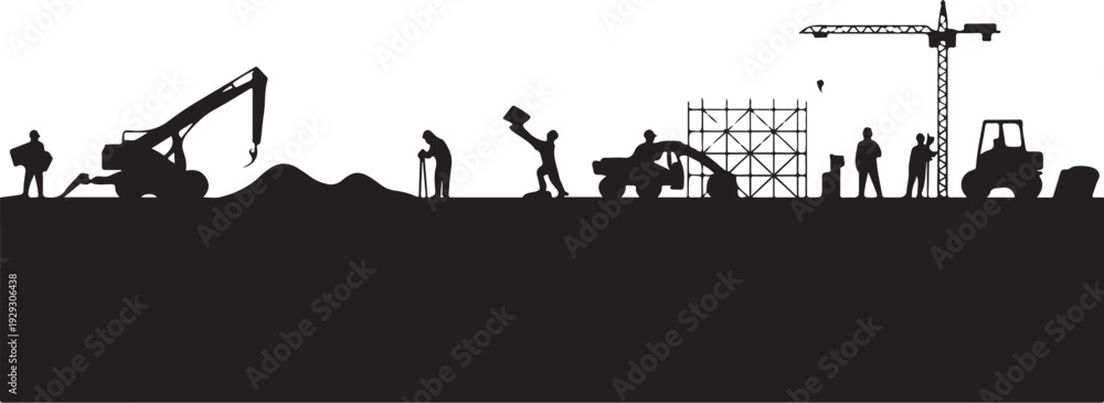 Obraz premium Construction site silhouettes with workers and machinery
