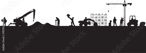 Construction site silhouettes with workers and machinery