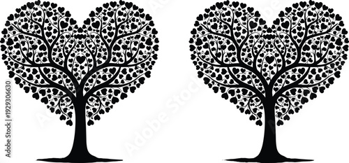 Heart shape tree silhouettes, love nature symbol illustration, romantic floral design, black tree artwork isolated on white background