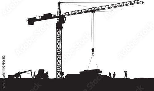 Construction site with crane and workers building