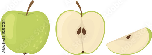 Illustration of green apples - whole, half and juicy slice. Set with healthy food isolated on white