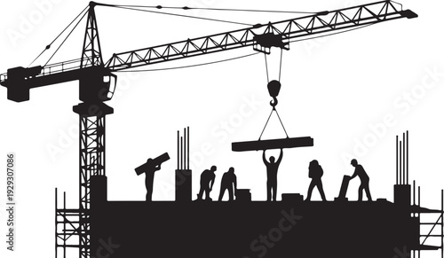 Construction site with crane and workers building