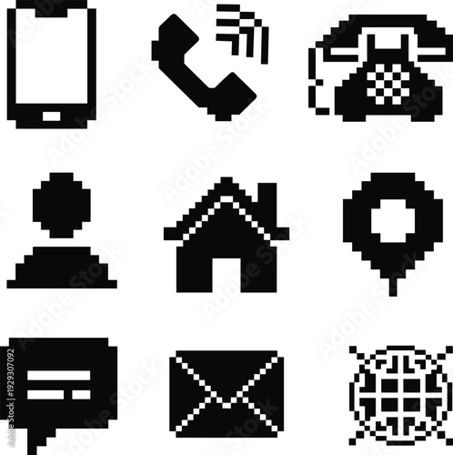 Pixel art communication and interface icon set featuring phone, home, mail, location, mobile, retro 8bit symbols