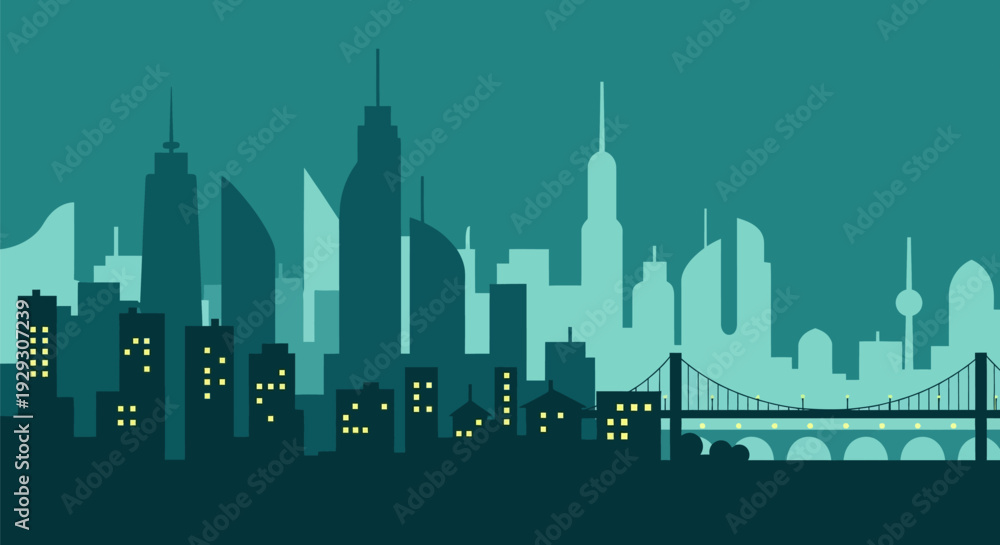 Obraz premium City Skyline Silhouette with Bridge Illustration.