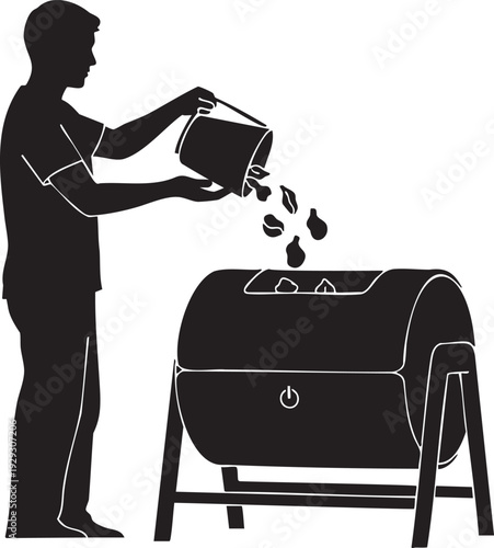 Sustainable home composting A person adding organic food scraps to a modern rotating compost bin for eco-friendly garden soil enrichment