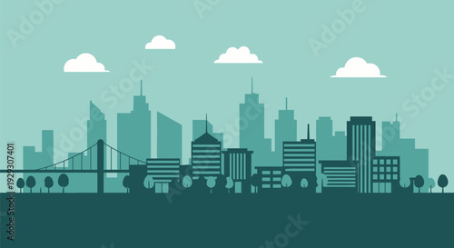City Skyline Silhouette with Clouds and Trees.