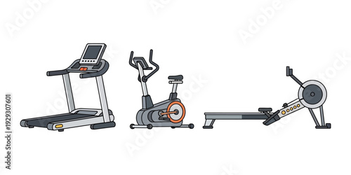 A collection of vector illustrations of cardio equipment found in the gym.