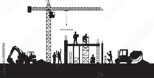 Construction site with crane and workers excavator