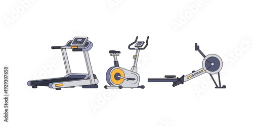 A collection of vector illustrations of cardio equipment found in the gym.