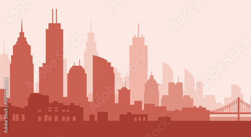 City Skyline Silhouette with Skyscrapers and Bridge.