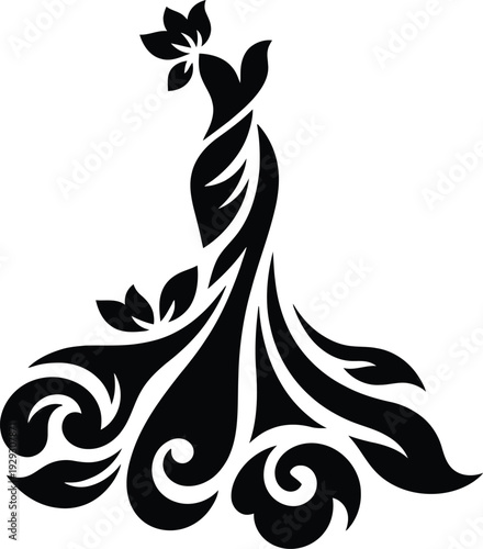 Elegant floral dress silhouette vector illustration for fashion boutique logo branding and decorative apparel design.