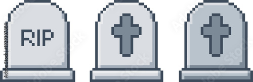 Retro pixel art tombstone set with RIP and cross symbols, spooky 8bit graveyard game assets isolated background