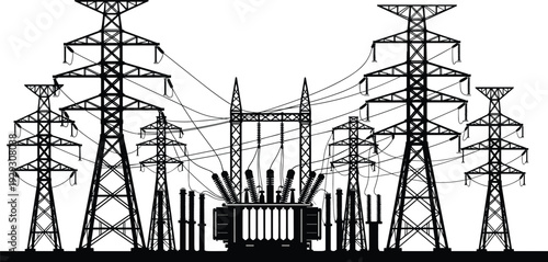 High voltage electrical substation with power transmission towers and transformers, industrial energy infrastructure silhouette vector illustration isolated