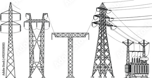 High voltage transmission towers and electrical substation equipment, detailed power grid infrastructure vector line illustration isolated