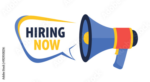 A colorful illustration of a megaphone with the text hiring now inside