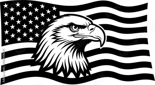 American Flag with Bald Eagle Head, USA Patriotic Symbol Illustration, Waving Stars and Stripes Banner, Monochrome National Pride