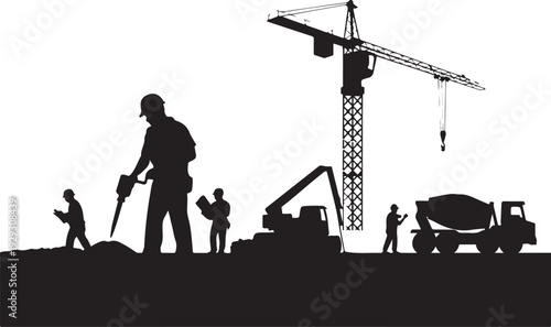 Construction site with workers and heavy machinery silhouettes