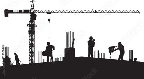 Construction site with workers and crane silhouette