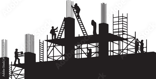Construction site with workers on scaffolding building