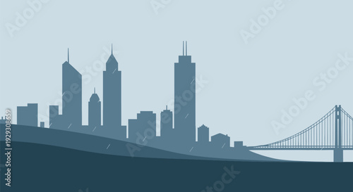 City Skyline Silhouette with Suspension Bridge.
