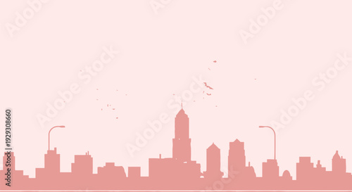 City Skyline Silhouette with Streetlights and Birds.