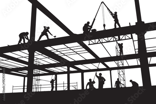 Construction workers on steel beams building silhouette