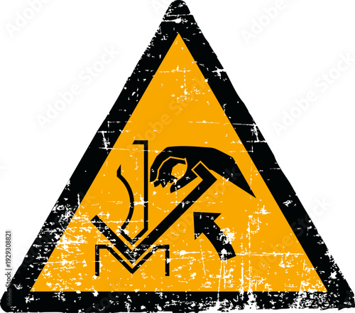 Grunge workpiece hand crushing warning sign worn scratched ISO 7010 W031 symbol