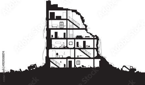Cutaway view of a multi-story building with exposed interior