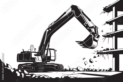 Excavator demolishing building demolition construction