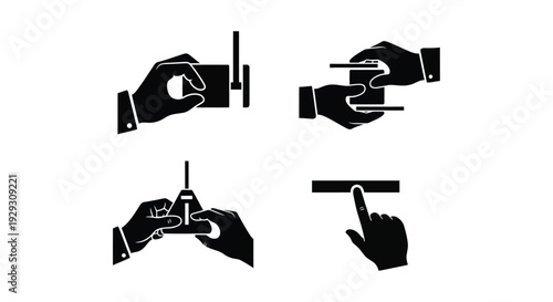 Set of four black silhouette icons depicting various hand gestures interacting with small objects and surfaces