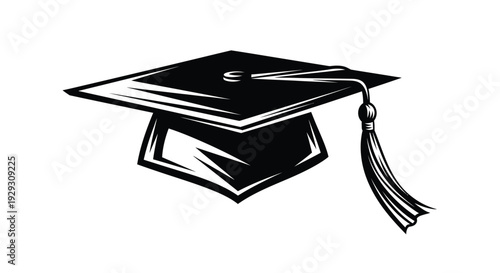 Stylized black and white graphic illustration of a traditional graduation mortarboard cap with tassel