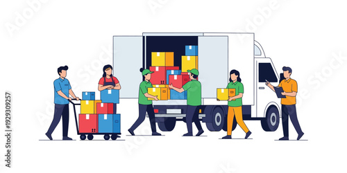 vector illustration collection of a group of people moving cargo into a vehicle