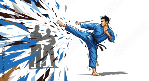 Dynamic martial artist in blue gi executing a powerful high kick shattering dark silhouettes behind him