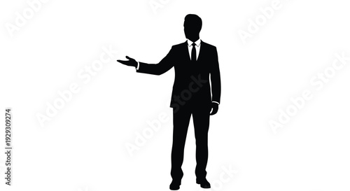 Black silhouette of a business man presenting or offering something with an open palm
