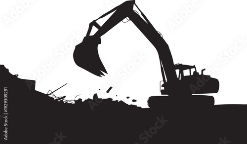Excavator silhouette digging into pile of rubble construction