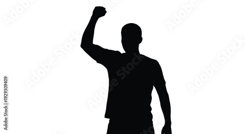 Black silhouette of a person raising a clenched fist in a gesture of success or resistance.