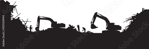 Silhouette of construction site with excavators and workers