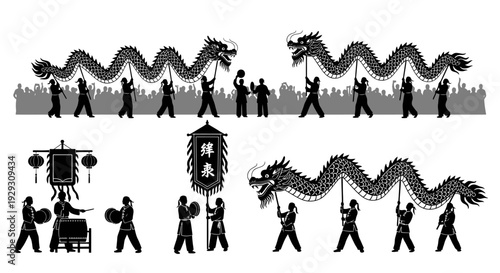 Traditional Chinese Dragon Dance Performance Silhouettes.